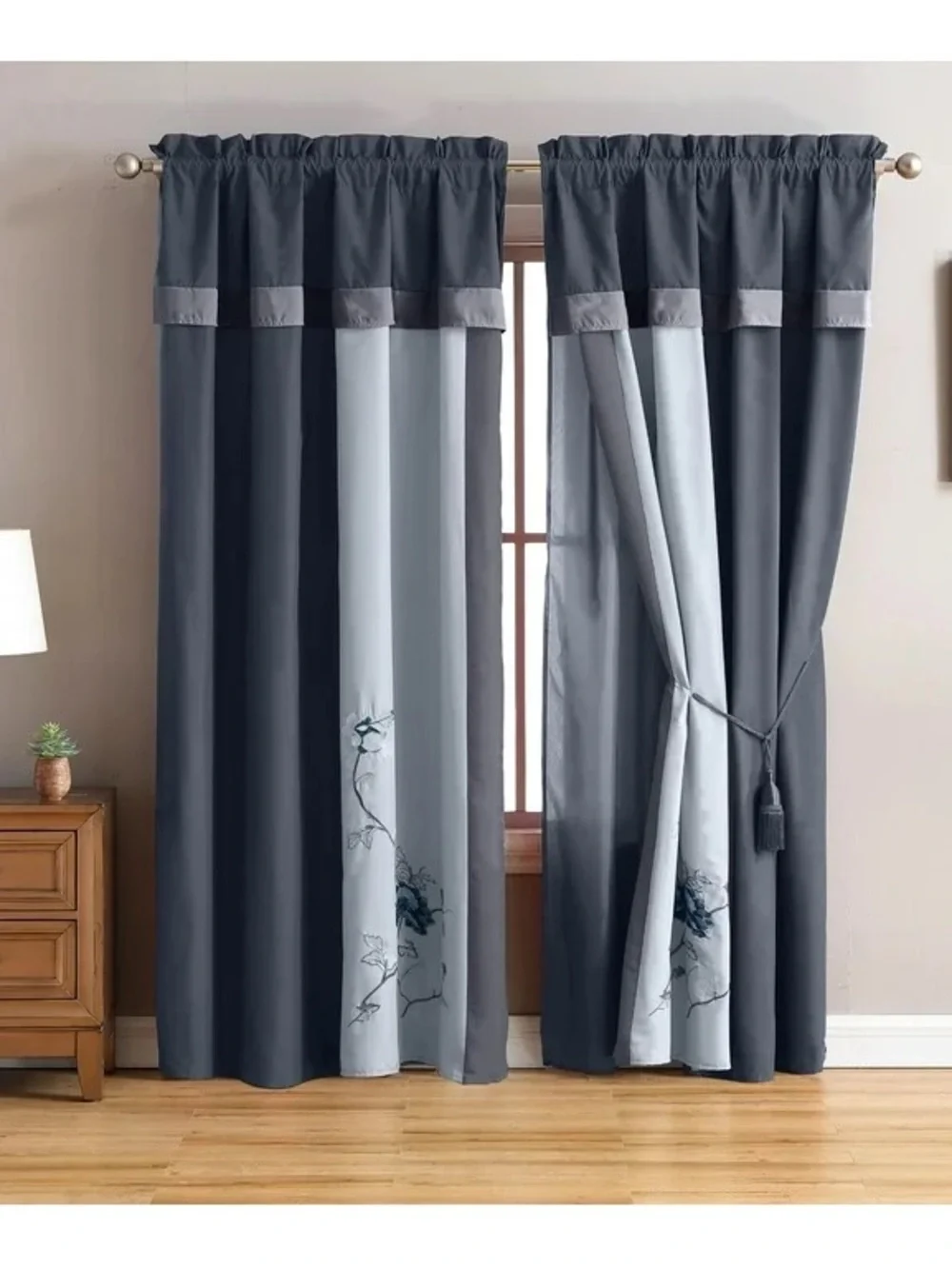 Blue Embroidered Curtain Panel Set
